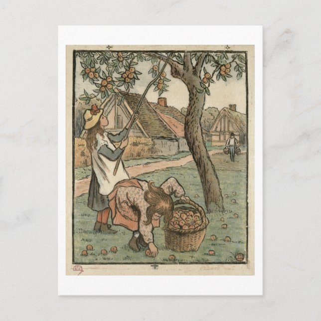 Carte Postale Gathering Apples, de 'Travaux des Champs', engra (Devant)