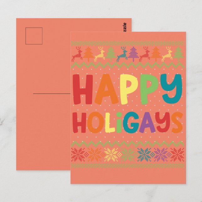Carte Postale Gay Christmas Funny LGBT Happy Holigays Rainbow (Devant / Derrière)