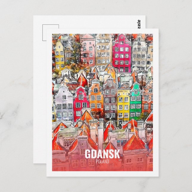 Carte Postale Gdansk Pologne Fameux Voyage Aquarelle Croquis (Devant / Derrière)
