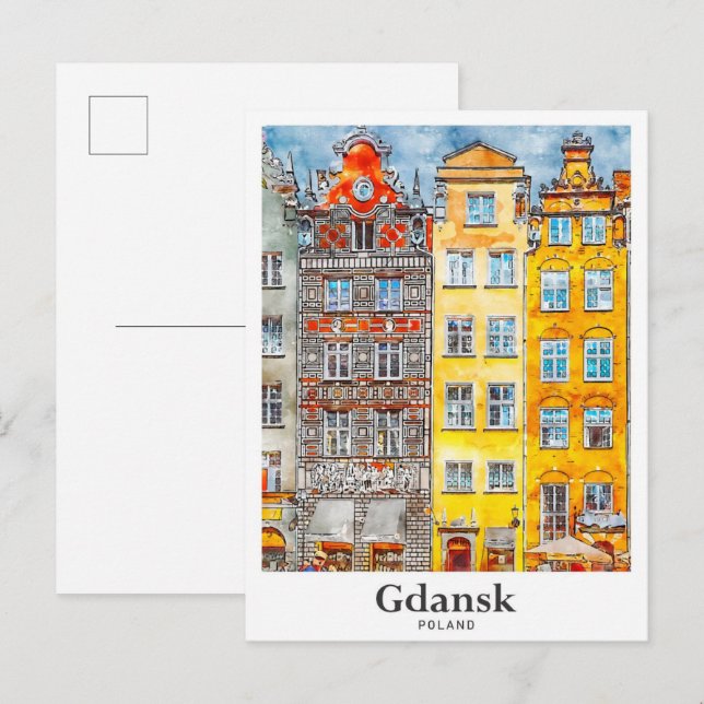 Carte Postale Gdansk Pologne Voyage Aquarelle main tirée (Devant / Derrière)