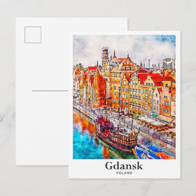 Carte Postale Gdansk Pologne Voyage Aquarelle main tirée (Devant / Derrière)