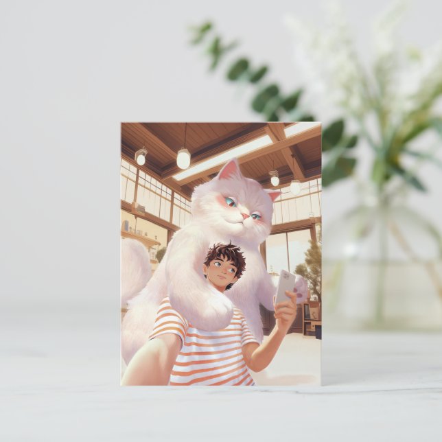 Carte Postale Géant Fluffy : Selfie de chat blanc au café rétro (Debout devant)