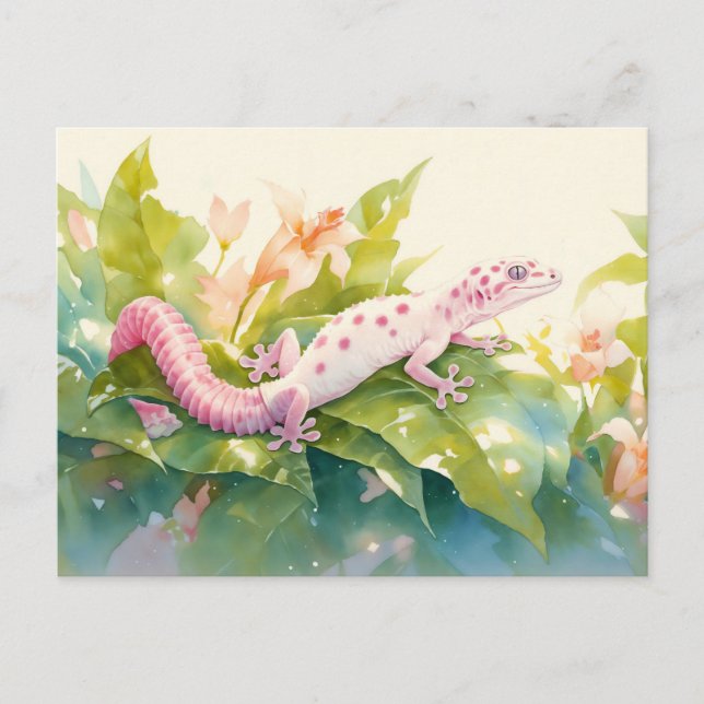 Carte Postale Gecko léopard avec tache rose et fleur de lys (Devant)