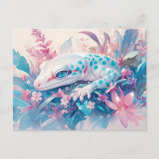 Carte Postale Gecko léopard avec tache sarcelle et fleur tropica (Devant)