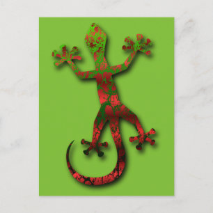 Carte Postale Gecko vert brillant et rouge orange