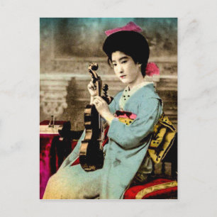 Carte Postale Geisha avec un violon musicien Vintage du Vieux Ja