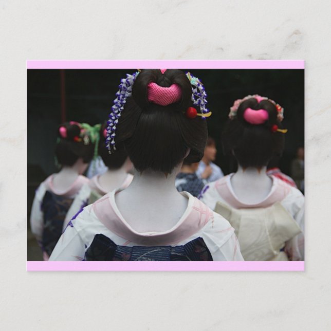 Carte Postale Geisha - Bordure rose (Devant)