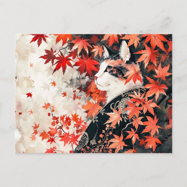 Carte Postale Geisha Chat Noir et Blanc sous Feuilles d'Érable R (Devant)