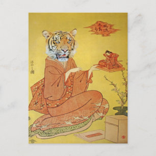 Carte Postale Geisha de tigre avec les samouraïs miniatures