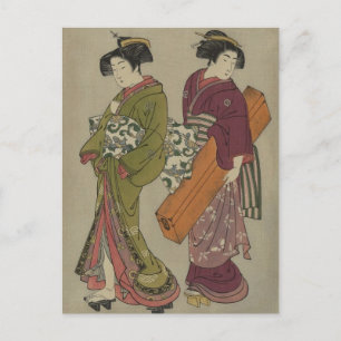 Carte Postale Geisha et Serviteur Vintage japonais Art
