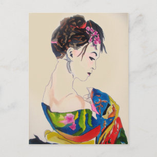 Carte Postale Geisha japonais avec kimono bleu