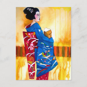 Carte Postale Geisha japonais avec kimono bleu