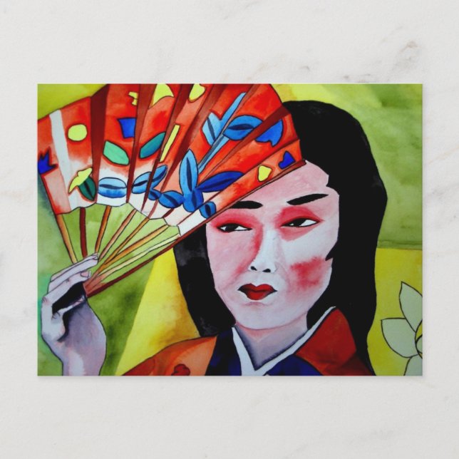 Carte Postale Geisha japonais avec ventilateur aquarelle origina (Devant)