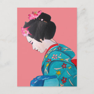 Carte Postale Geisha japonais mignon avec fleurs de cerisier ros