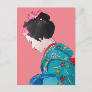 Carte Postale Geisha japonais mignon avec fleurs de cerisier ros