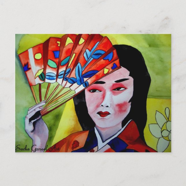 Carte Postale geisha japonaise avec ventilateur (Devant)