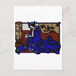 Carte Postale Geisha Reading dans Blue Kimono