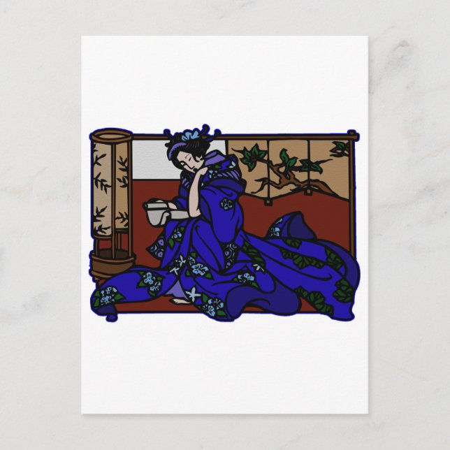 Carte Postale Geisha Reading dans Blue Kimono (Devant)