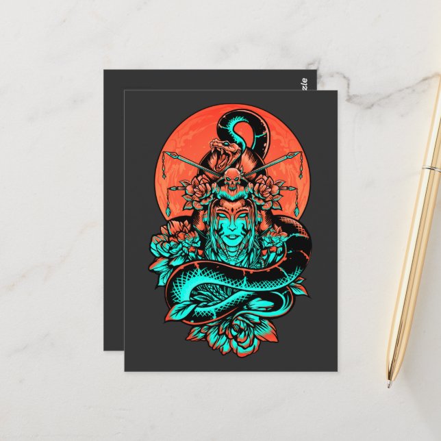 Carte Postale Geisha Tattoo brûlé orange et noir (Devant/Arrière en situation)