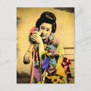 Carte Postale Geisha vintage avec un mignon Kitten Vieux Japon