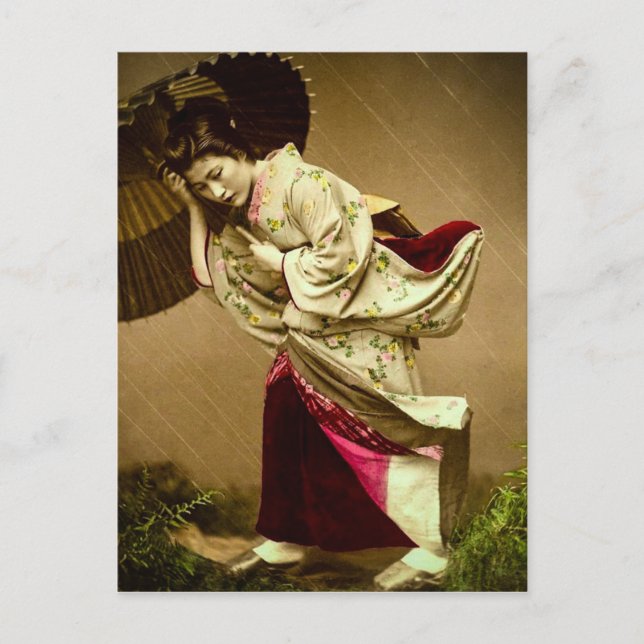 Carte Postale Geisha vintage dans une lame de verre de pluie pri (Devant)