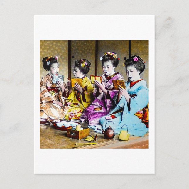 Carte Postale Geisha vintage vérifier leur maquillage à Tea Japa (Devant)