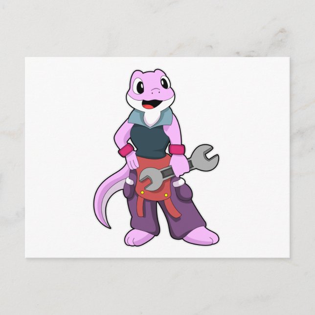 Carte Postale Geko en mécanicien avec clé à tuyauterie (Devant)