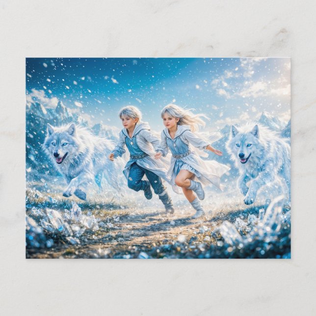 Carte Postale Gemini Zodiac with Twin Children and White Wolves (Devant)