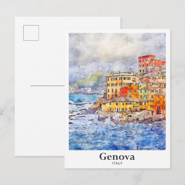 Carte Postale Gênes Italie Aquarelle Voyage Croquis main (Devant / Derrière)