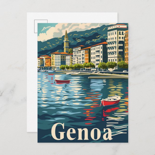 Carte Postale Gênes Italie Vintage Retro Voyage Illustration (Devant / Derrière)