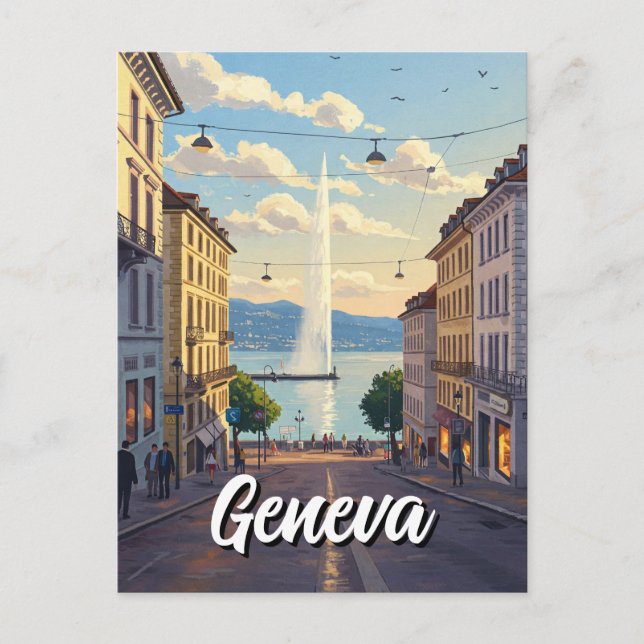 Carte Postale Geneva Street Suisse Travel Jet d'eau Sunset (Devant)