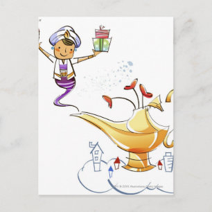 Carte Postale Genie apportant une maison et des cadeaux d'une la