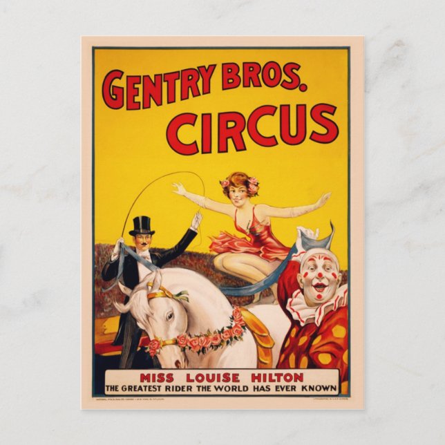 Carte Postale Gentry Bros. Circus Poster ft. Miss Louise Hilton (Devant)