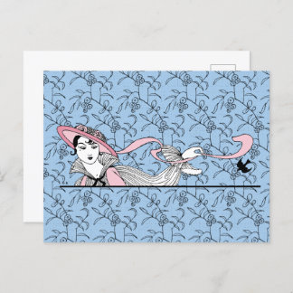 Carte Postale Georges Barbier 1920 Fashion Lady and Bird