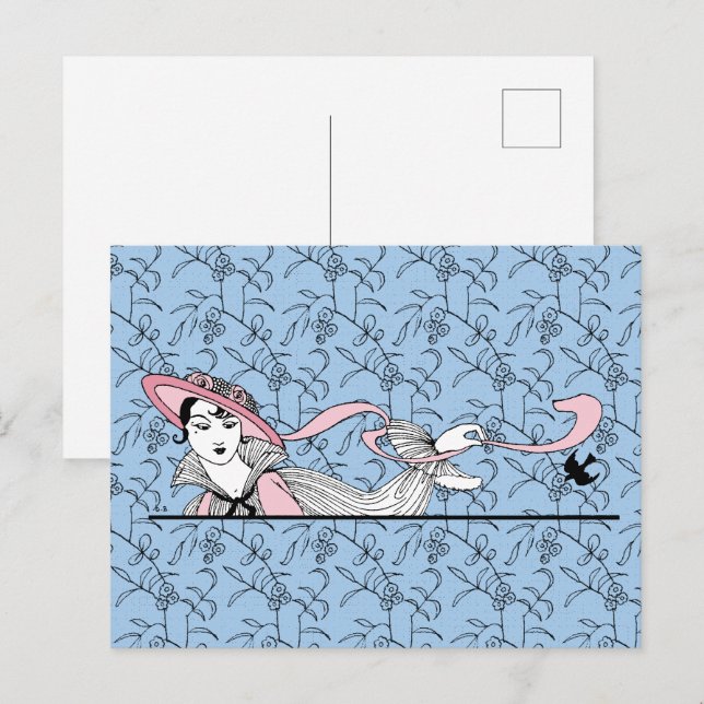 Carte Postale Georges Barbier 1920 Fashion Lady and Bird (Devant / Derrière)