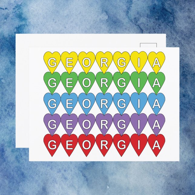 Carte Postale Georgia US State Hearts Rainbow (A postcard that says Georgia in colorful hearts.)