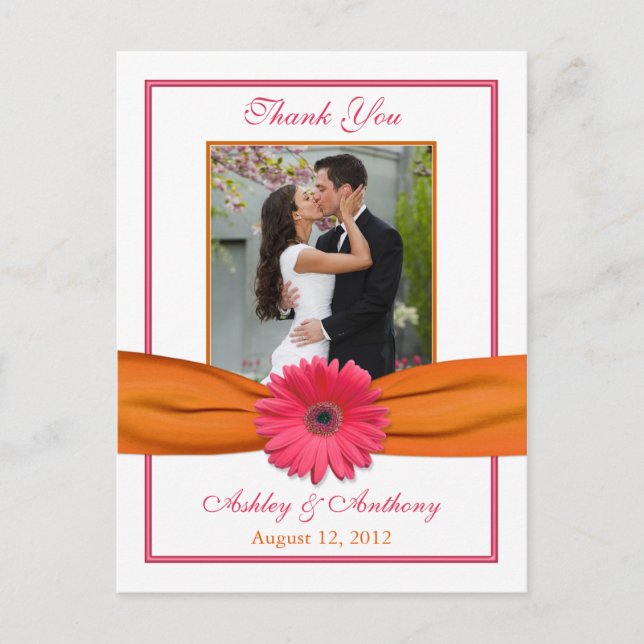Carte Postale Gerber rose Daisy Orange Ribbon Mariage Merci (Devant)