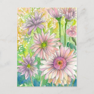 Carte Postale Gerbera rose Bouquet Daisy Aquarelle Fleurs Art