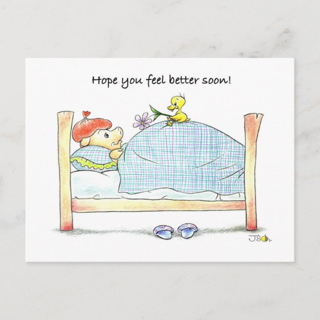 Carte Postale Get Well Bientôt - Cute Pig & Duck (Devant)
