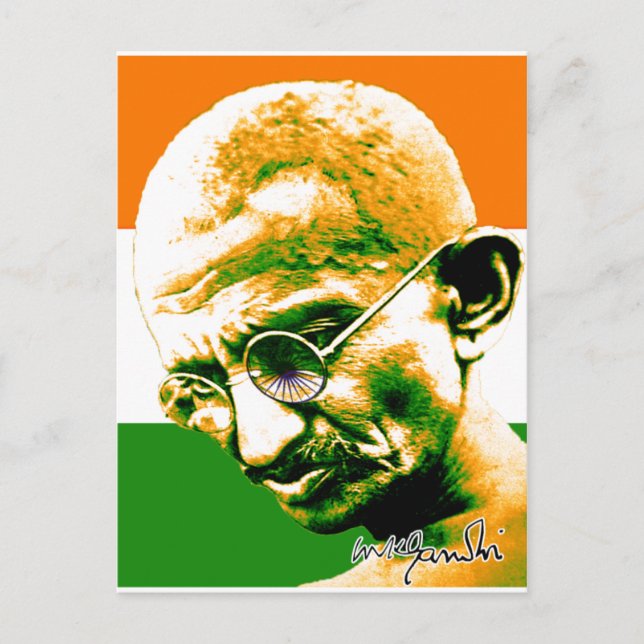 Carte Postale Ghandi en orange vert et blanc avec drapeau (Devant)