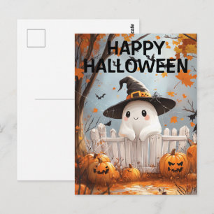 Carte Postale Ghost d'Halloween mignonne avec Citrouilles et cha