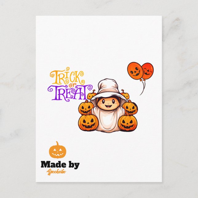 Carte Postale Ghost mignon avec Bac Citrouille ou traiter Hallow (Devant)