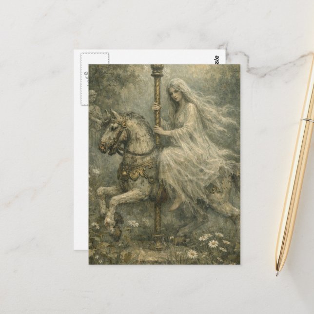 Carte Postale Ghost Woman on Abandoned Carousel Horse in Garden (Devant/Arrière en situation)