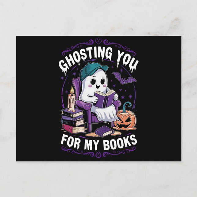Carte Postale Ghosting You For My Books Ghost Reading Halloween (Devant)