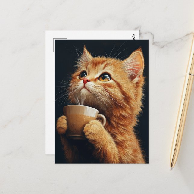 Carte Postale Gingembre doux Kitty avec un café (Devant/Arrière en situation)