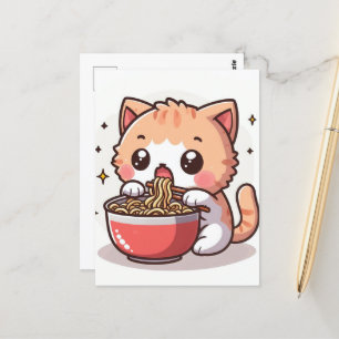 Carte Postale Gingembre et chaton blanc manger Ramen