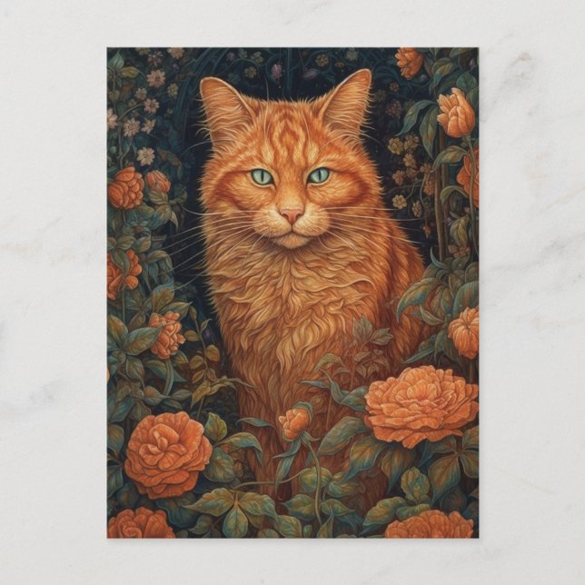Carte Postale Gingembre Fluffy Chat dans les fleurs (Devant)