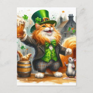 Carte Postale Ginger Cat et une souris avec la bière St Pats