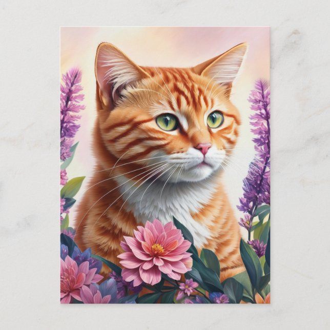 Carte Postale Ginger Cat Floral Multicolor Art (Devant)