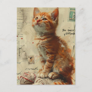 Carte Postale Ginger Kitten Yarn Collage Médias mixtes
